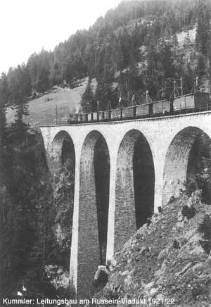 Fahrleitungsbau auf dem Russein-Viadukt 1921/22